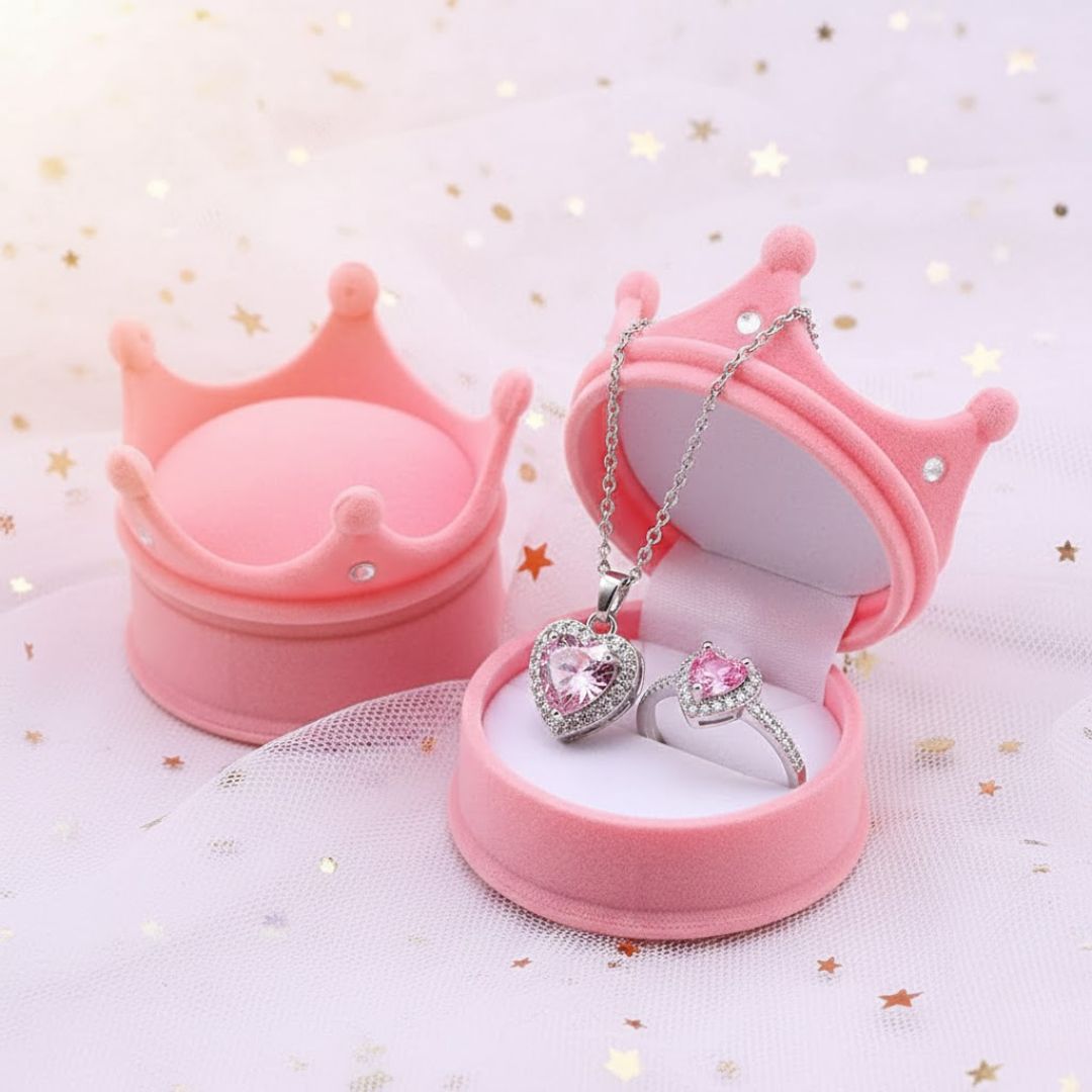 Set Anillo y Collar Corazón Caja Corona Plateado Rosa